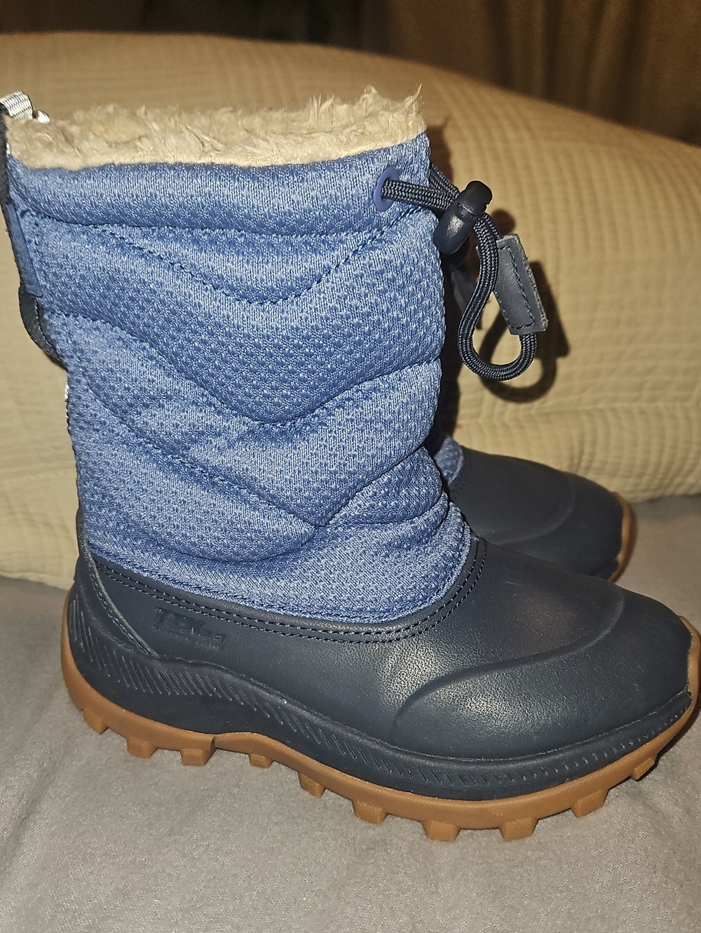 L.L. Bean Navy and Light Blue Kids Winter Boots with Faux Fur Cuff